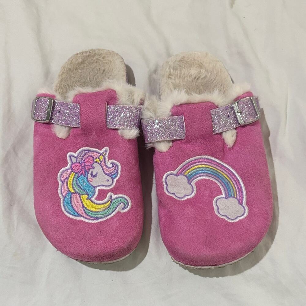 Pink Unicorn Kids 13/1 Birkenstock like slip on shoe faux pink suede guc
